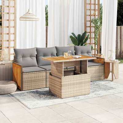5 Piece Garden Sofa Set with Cushions Beige Poly Rattan Acacia - Elegant