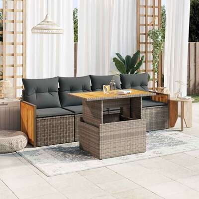 5 Pcs Garden Sofa Set with Cushions Grey Poly Rattan Acacia - Durable