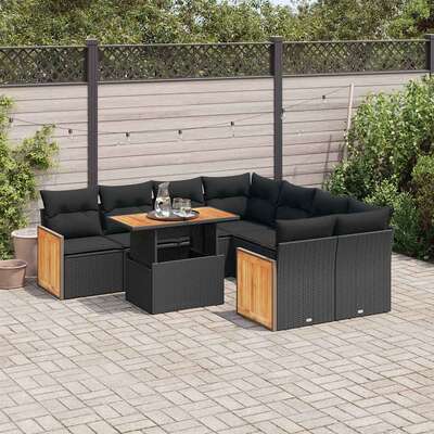 9 Piece Garden Sofa Set with Cushions Black - Poly Rattan Acacia