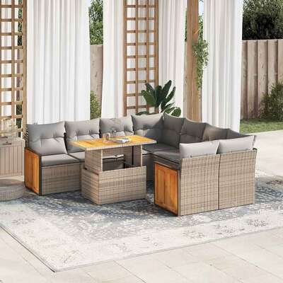 9 Piece Garden Sofa Set with Cushions Beige Poly Rattan Acacia - Elegant