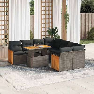 9 Piece Garden Sofa Set with Cushions Grey Poly Rattan Acacia - Durable