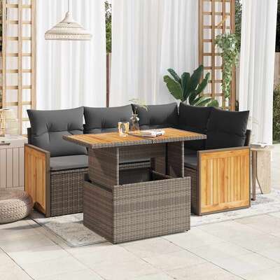 5 Piece Garden Sofa Set with Cushions Grey Poly Rattan Acacia - Durable
