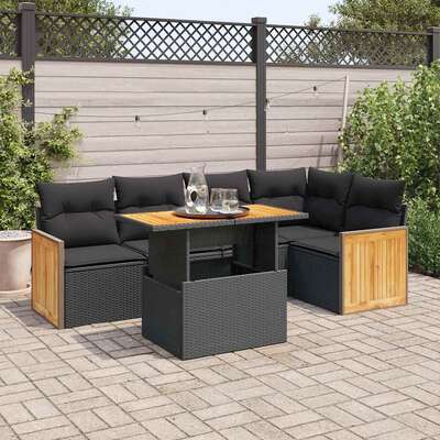 6 Piece Garden Sofa Set with Cushions - Black Poly Rattan Acacia