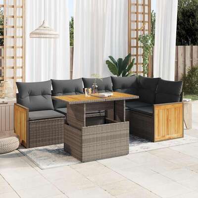 6 Piece Garden Sofa Set with Cushions Grey Poly Rattan Acacia - Durable