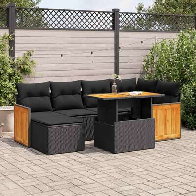 Stylish 8 Piece Garden Sofa Set with Cushions Black Poly Rattan Acacia