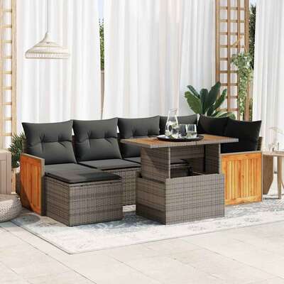 8 Piece Garden Sofa Set with Cushions Grey Poly Rattan Acacia - Durable