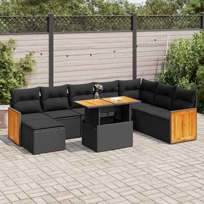 Modern 7 Piece Garden Sofa Set with Cushions Black Poly Rattan Acacia