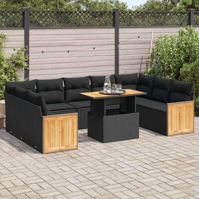 Versatile 10 Piece Garden Sofa Set with Cushions Black Poly Rattan Acacia