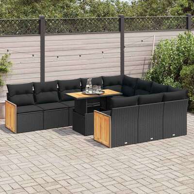Garden Sofa Set with Cushions Couch 11 Piece Black Poly Rattan Acacia