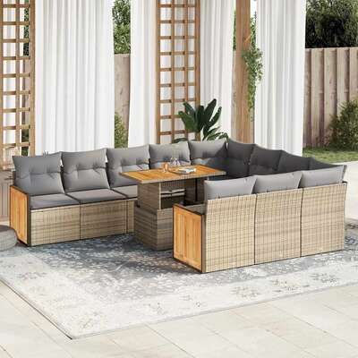 Garden Sofa Set with Cushions Couch 11 Piece Beige Poly Rattan Acacia