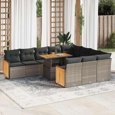 Garden Sofa Set with Cushions Couch 11 Piece Grey Poly Rattan Acacia