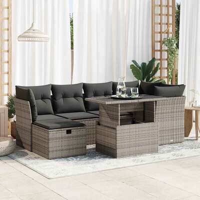 7 Piece Garden Sofa Set with Cushions Grey Poly Rattan - Comfy & Chic