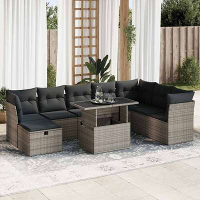 9 Piece Garden Sofa Set with Cushions Grey Poly Rattan - Comfort & Style