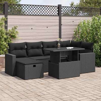 7 Piece Garden Sofa Set with Cushions Black Poly Rattan - Stylish & Versatile