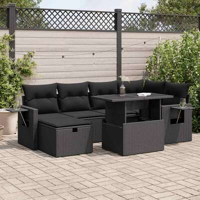 7 - Piece Garden Sofa Set with Cushions Black Poly Rattan - Stylish Outdoor