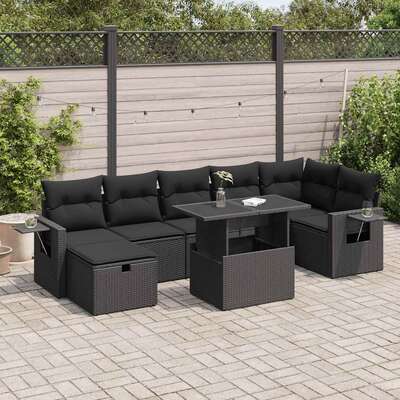 8 - Piece Garden Sofa Set with Cushions Black Poly Rattan - Stylish Outdoor
