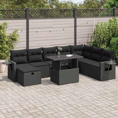 9 - Piece Garden Sofa Set with Cushions Black Poly Rattan