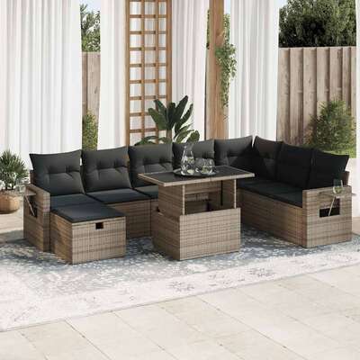 9 Pcs Garden Sofa Set with Cushions Grey Poly Rattan - Durable