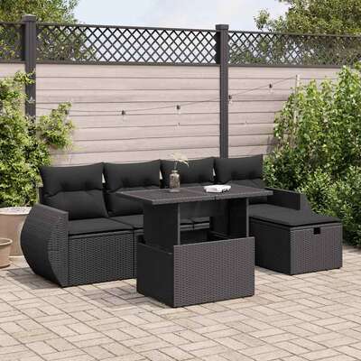 6 Piece Garden Sofa Set with Cushions - Black Poly Rattan - Stylish Outdoor