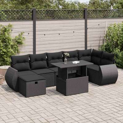 8  Piece Garden Sofa Set with Cushions Black - Poly Rattan - Stylish Outdoor