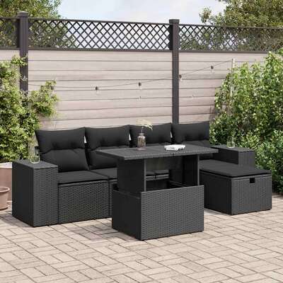 6 Piece Garden Sofa Set with Cushions Black Poly Rattan - Stylish