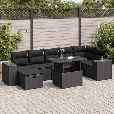 5 Piece Garden Sofa Set with Cushions Black Poly Rattan - Luxurious