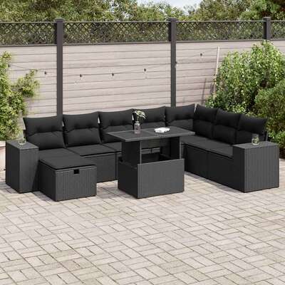 9 Piece Garden Sofa Set with Cushions Black Poly Rattan - Perfect Outdoor