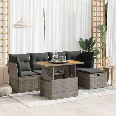 6 Piece Garden Sofa Set with Cushions Grey Poly Rattan Acacia 
