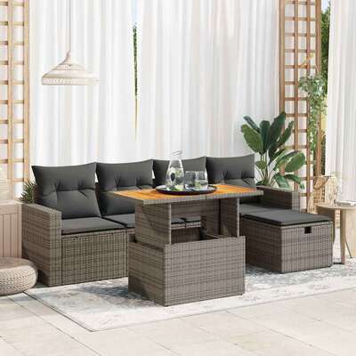 6 Piece Garden Sofa Set with Cushions Grey Poly Rattan Acacia - Outdoor Relaxation