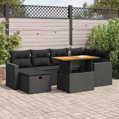 Garden Sofa Set with Cushions Couch 8 Piece Black Poly Rattan Acacia - Elegant & Comfortable