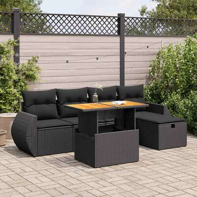 Luxury 6 Piece Garden Sofa Set with Cushions Black Poly Rattan Acacia