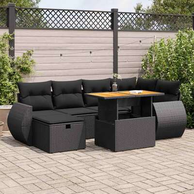 Sleek 8 Piece Garden Sofa Set with Cushions Black Poly Rattan Acacia