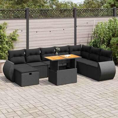 Modern 9 Piece Garden Sofa Set with Cushions Black Poly Rattan Acacia