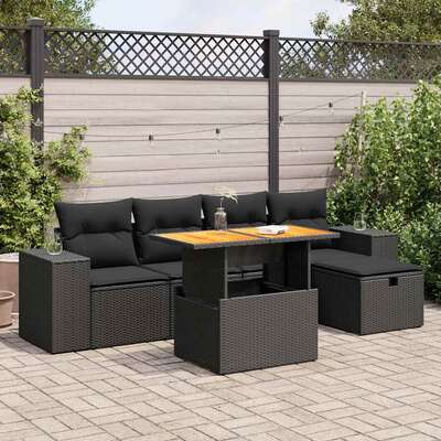 Modern - Garden Sofa Set with Cushions Couch 6 Piece Black Poly Rattan Acacia