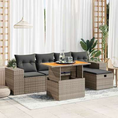 6 Piece Garden Sofa Set with Cushions Grey Poly Rattan Acacia - Stylish Comfort