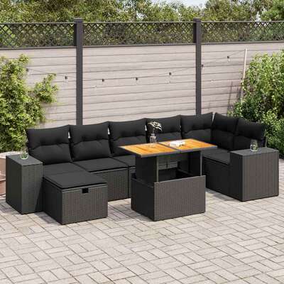 Stylish Garden Sofa Set with Cushions Couch 5 Piece Black Poly Rattan Acacia