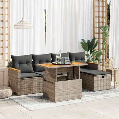 6 Pcs Garden Sofa Set with Cushions Grey Poly Rattan - Modern Outdoor