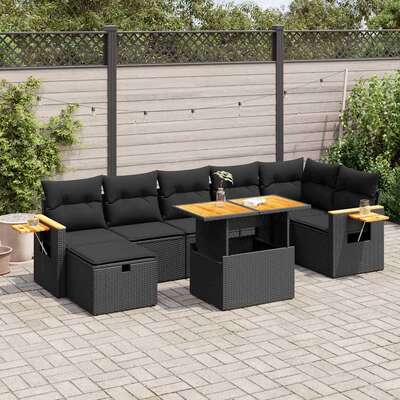 Modern 5 Piece Garden Sofa Set with Cushions - Black Poly Rattan