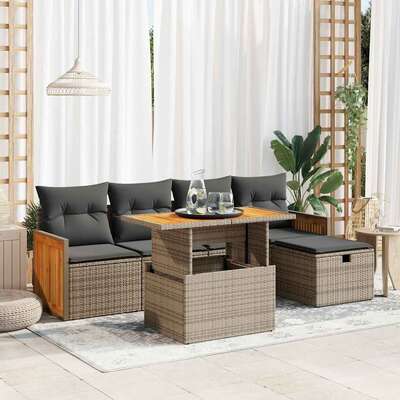 6 Piece Garden Sofa Set with Cushions Grey Poly Rattan - Durable