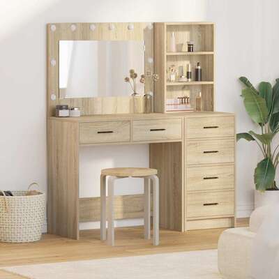 Brown Dressing Table with LED Lights Drawer Shelf Engineered Wood Makeup Vanity Unit