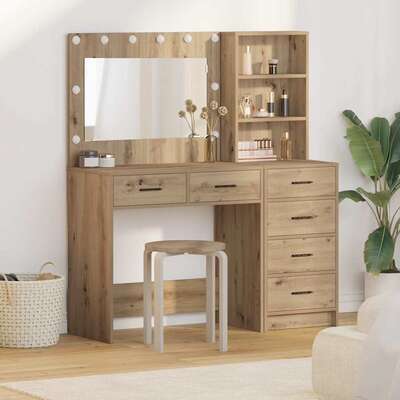 Dressing Table with LED Lights Drawer Shelf Engineered Wood Makeup Vanity Desk Brown