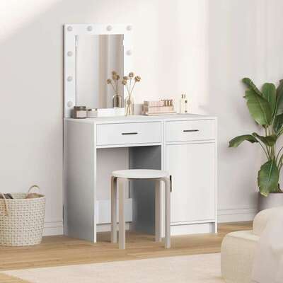 White Dressing Table Set 2 Piece LED Lights Drawer Engineered Wood Vanity Desk
