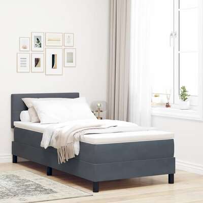 Dark Grey and White Box Spring Bed Fabric with Foam Mattress and LED Headboard
