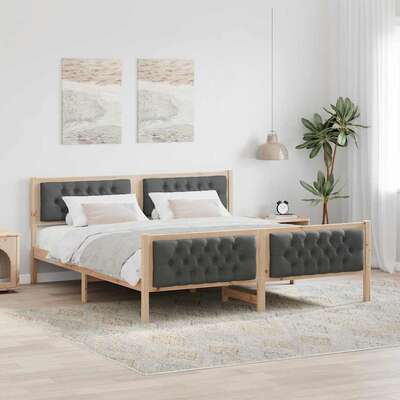 Dark Grey Bed Frame with Upholstered Headboard Solid Pine Wood King Size