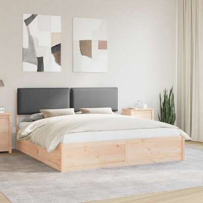 King Pine Wood Bed Frame with Upholstered Headboard Slatted Platform Support