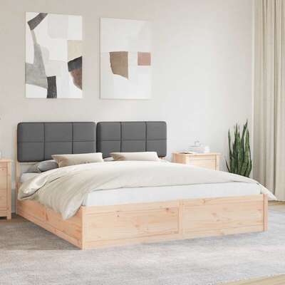 King Bed Frame Dark Grey Upholstered Headboard Solid Pine Wood Platform Bed