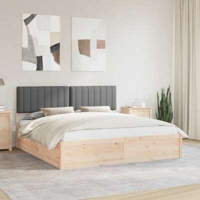 Dark Grey Bed Frame Upholstered Headboard Solid Pine Wood Platform King Size
