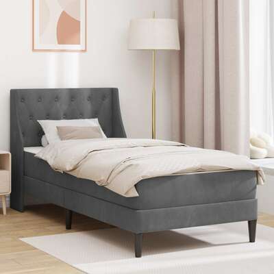 Single Bed Frame Dark Grey with Mattress Velvet Upholstered Plywood