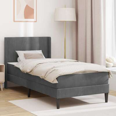Single Bed Frame with Mattress Velvet Upholstered Plywood Slatted Foam Comfort Dark Grey