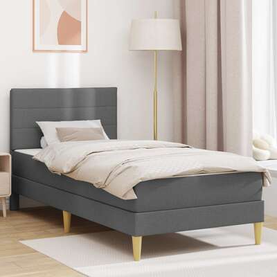 Single Bed Frame Dark Grey with Mattress Padded Headboard Polyester Upholstered Plywood